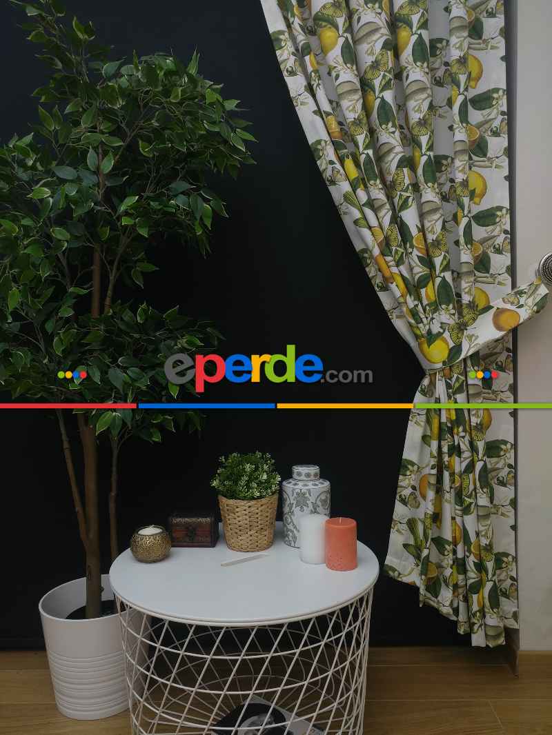 Limon Desenli Fon Perde (leke Tutmaz)- Yeşil-sarı