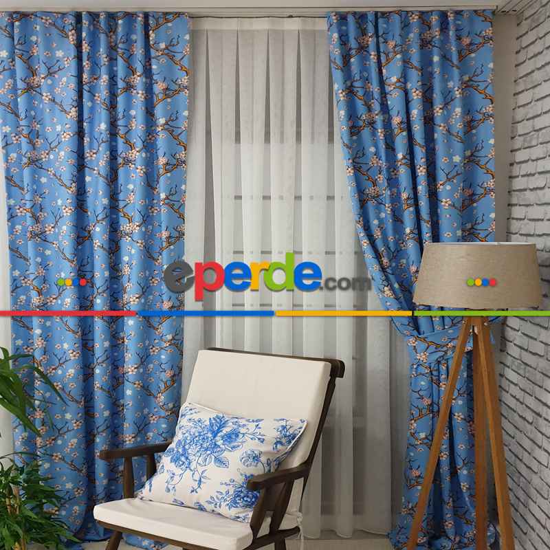 Çiçek Desenli Fon Perde Evm389 - Kumaşı Kalındır Duck Bezi Değildir.- Turkuaz-Kahve