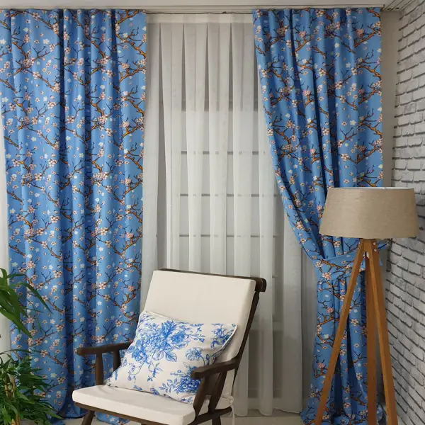 Çiçek Desenli Fon Perde Evm389 - Kumaşı Kalındır Duck Bezi Değildir.- Turkuaz-Kahve