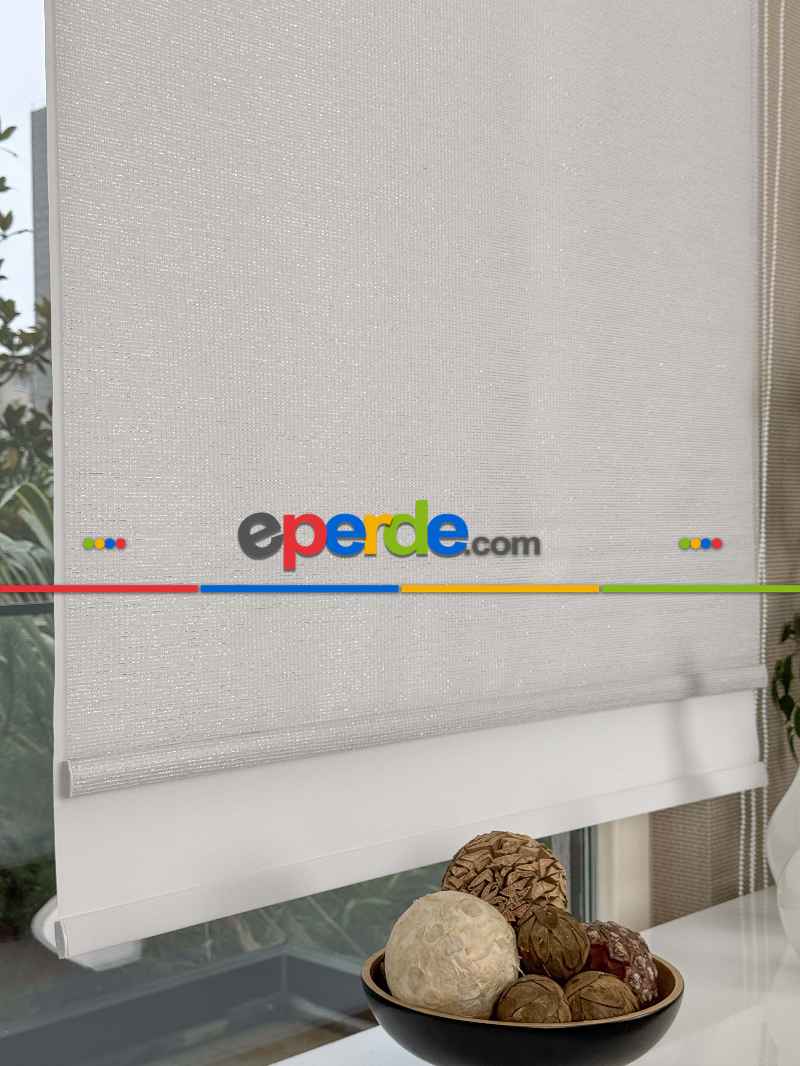 Ekru Gümüş Simli Çiftli Sistem Tül Stor Perde, Standart Metal Kasalı Yüksek Kalite Kornişe Kolay Montaj Seçenekli