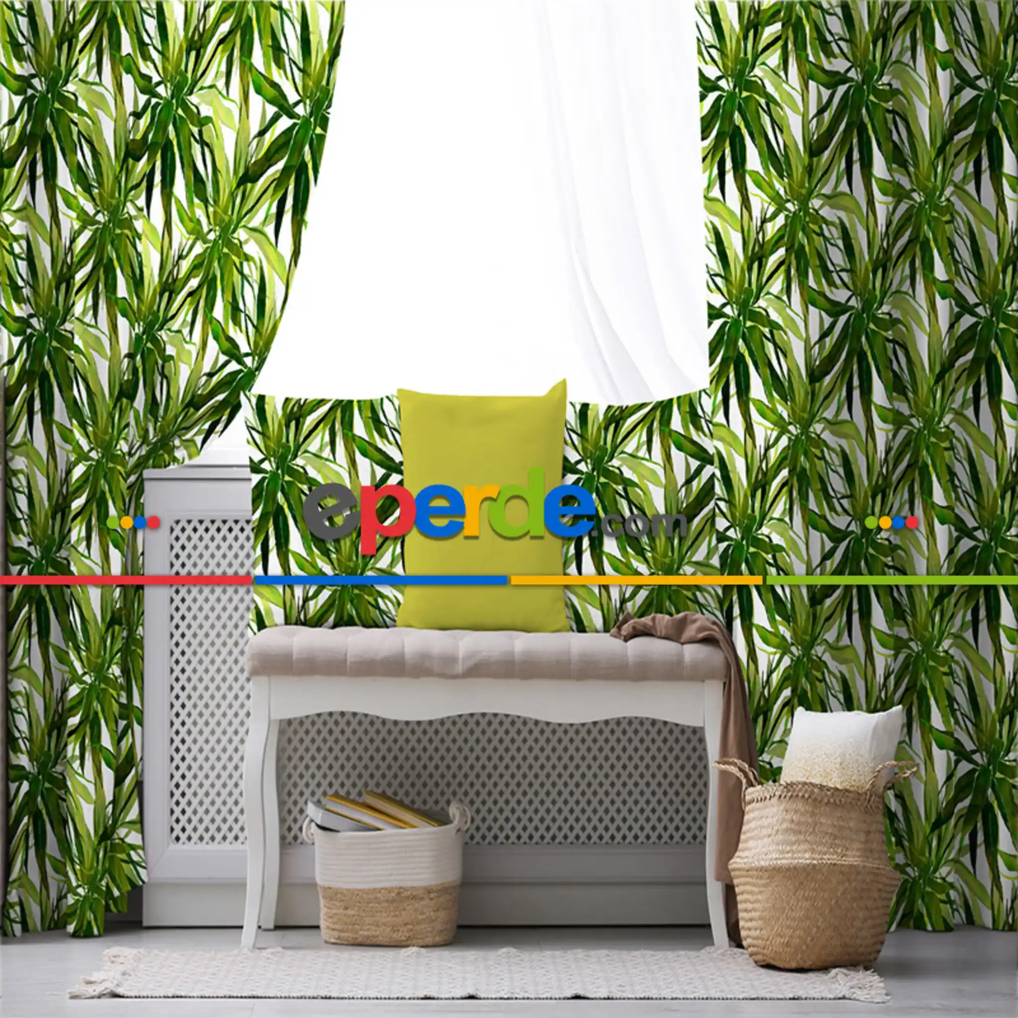 Tropik Desenli Fon Perde Evim432 Kumaşı Kalındır Duck Bezi Değildir- Mavi-beyaz