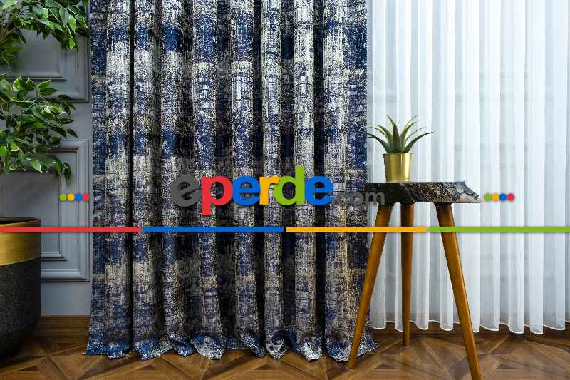 Jakar Desenli Fon Perde- Lacivert-bej