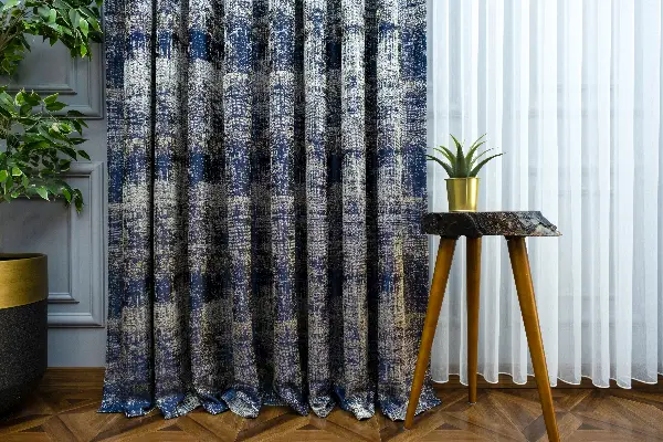 Salon Fon - 2021 Sezonu - Jakar Desenli Fon Perde- Lacivert-Bej