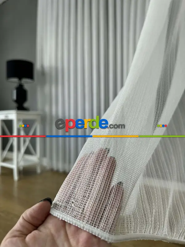 Salon Ekru Çizgili Tül Perde - Yüksek Kalite Kırık Beyaz Kurşunlu Tül