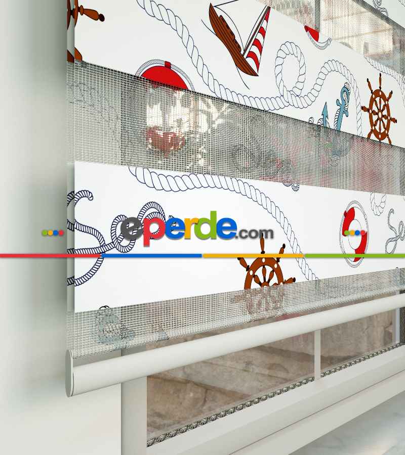 Deniz Feneri Baskılı Zebra Perde- Gri-füme-antrasit-kırmızı-beyaz-kahve