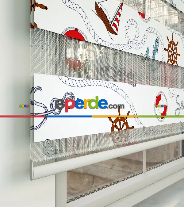 Bebek Odası Zebra Perde - Deniz Feneri Baskılı Zebra Perde- Gri-Füme-Antrasit-Kırmızı-Beyaz-Kahve