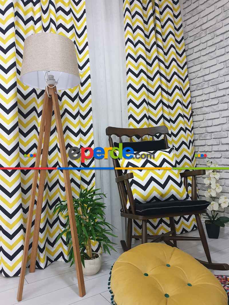 Siyah-Sarı Modern Mutfak Perdesi Kanat Fon Perde Zikzak Desenli- Siyah