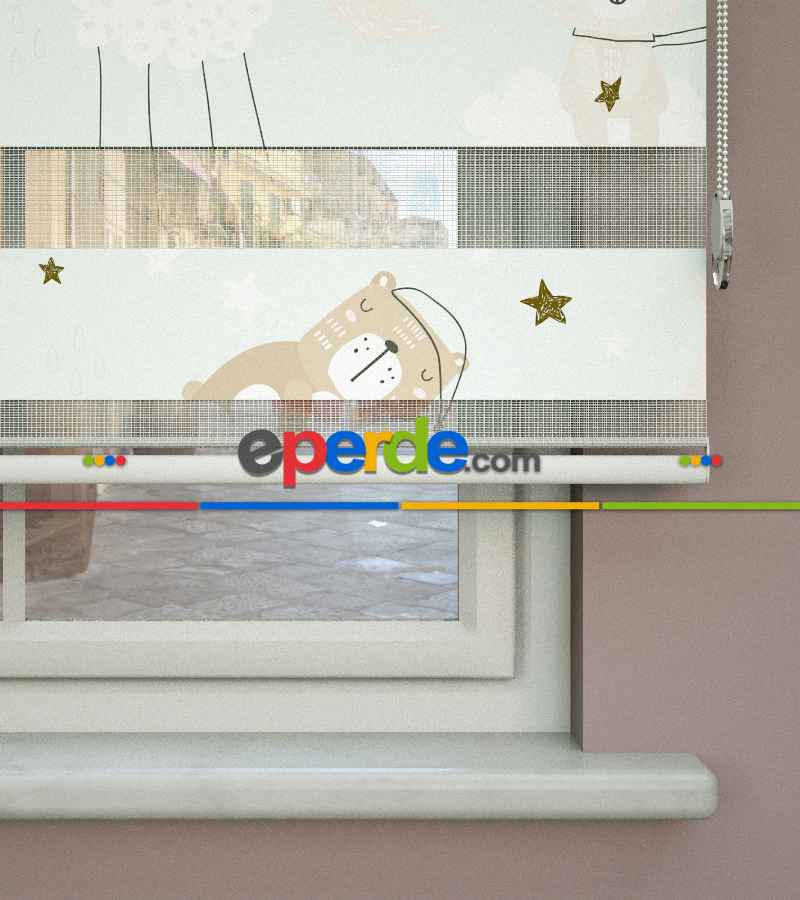 Bulut Desenli Baskılı Zebra Perde- Çok Renkli