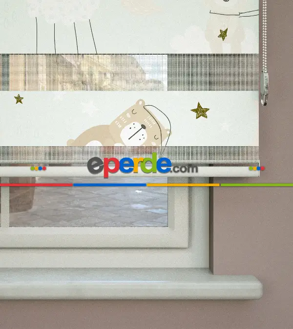 Bulut Desenli Baskılı Zebra Perde- Çok Renkli