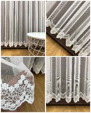 Etek Ucu Çiçek Desenli Tül Perde - Ütü İstemez - %30 Extra İndirimli- Ekru