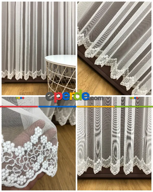 Etek Ucu Çiçek Desenli Tül Perde - Ütü İstemez - %30 Extra İndirimli- Ekru