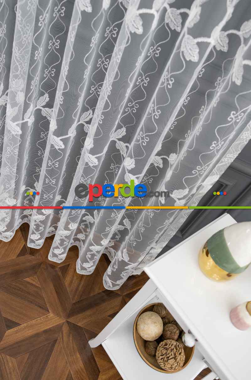 Mutfak Brode Yaprak Desen Tül Perde İşleme Tasarım Model Yeni Tül
