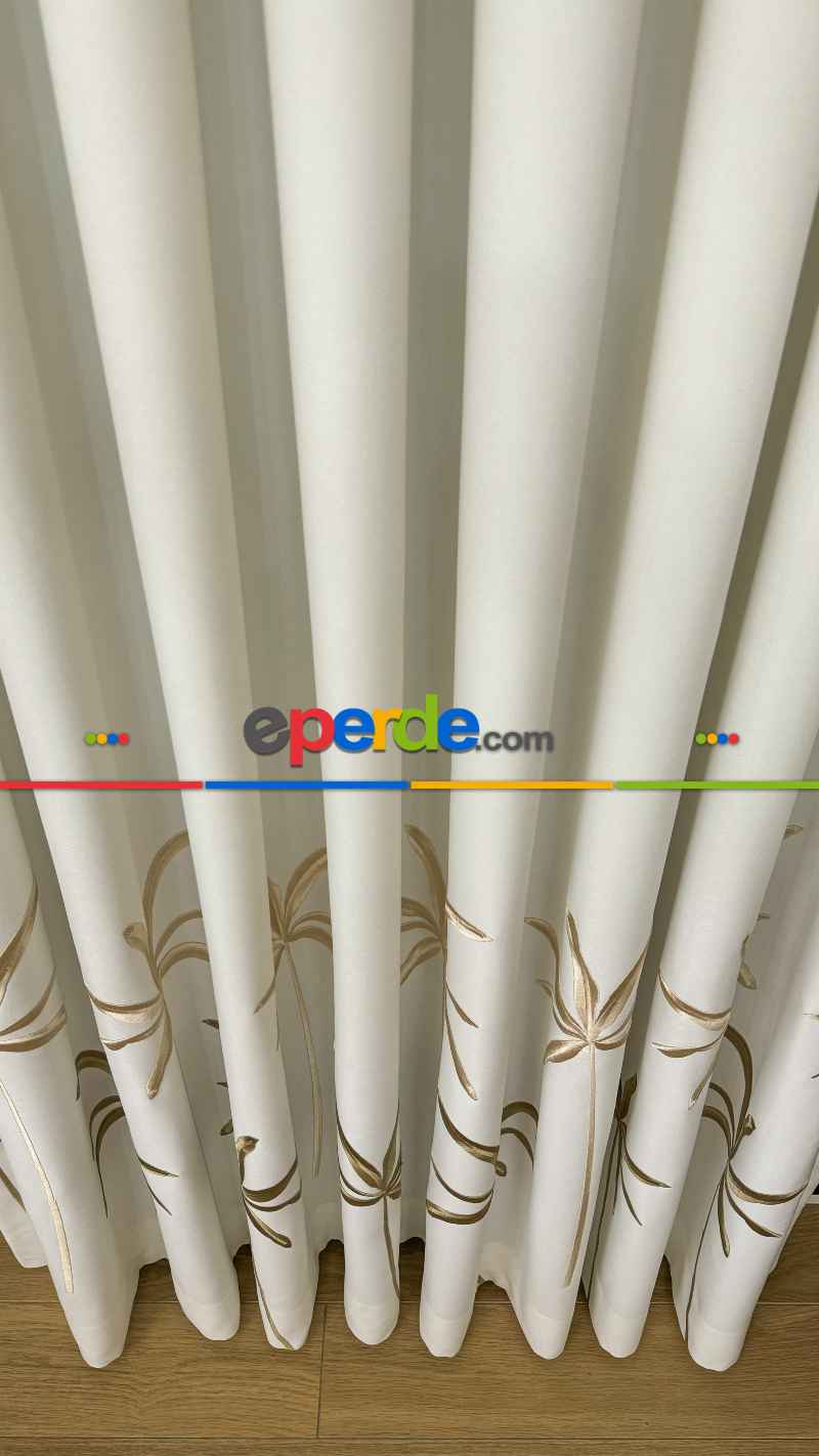 Ekru Gold Yaprak Desenli Pano Jakar Dokuma Nakışlı Fon Perde - Premium Seri Ağır Gramajlı