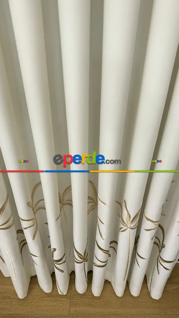 Ekru Gold Yaprak Desenli Pano Jakar Dokuma Nakışlı Fon Perde - Premium Seri Ağır Gramajlı