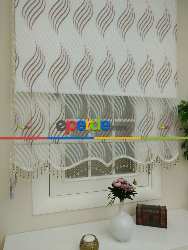 Yakma Çizgili Desenli Çiftli Sistem Tül Stor Perde- Kahverengi