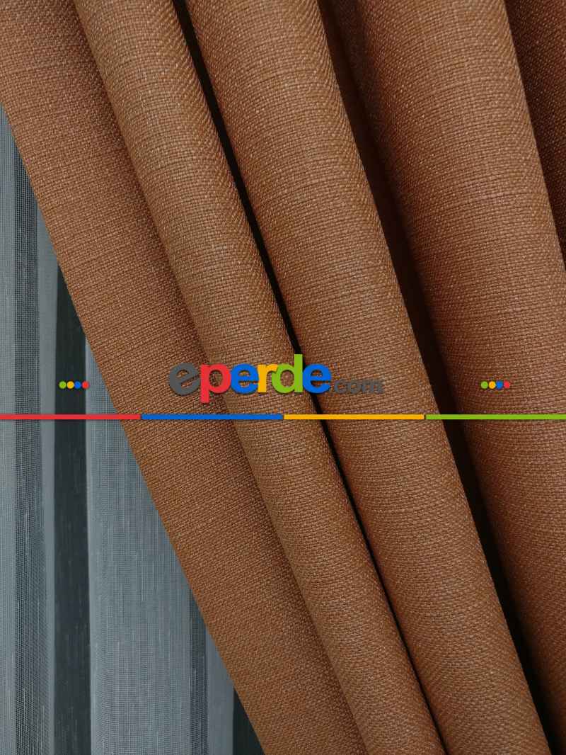 Yatak Odası - Keten Oranj Renk Düz Fon Perde- Turuncu