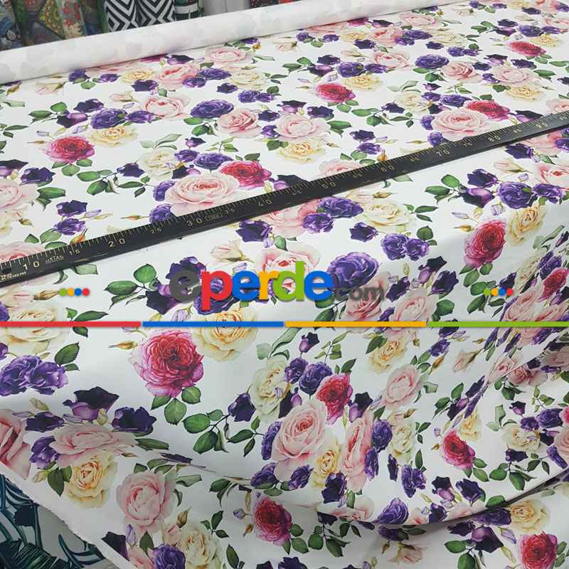 Çiçek Desenli Fon Perde Evm673 Kumaşı Kalındır Duck Bezi Değildir- Beyaz-Pembe Açık