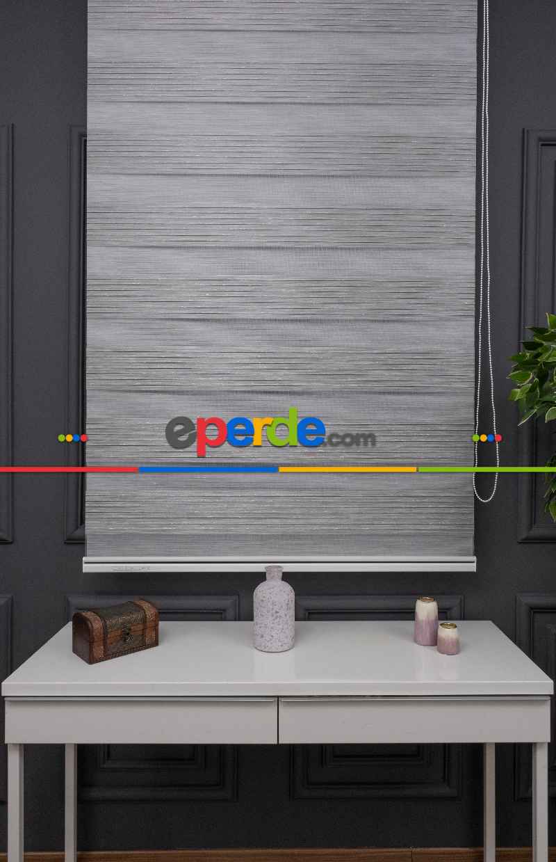 Zebra Perde - Gümüş Simli Geniş Plise Zebra Perde