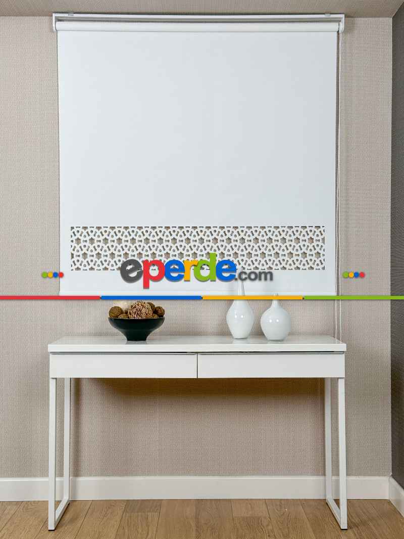 Ekru Lazer Kesimli Stor Perde ( Lazer Kesim Fiyata Dahildir) Metal Kasalı - Yüksek Kalite - Kornişe Kolay Montaj Seçenekli