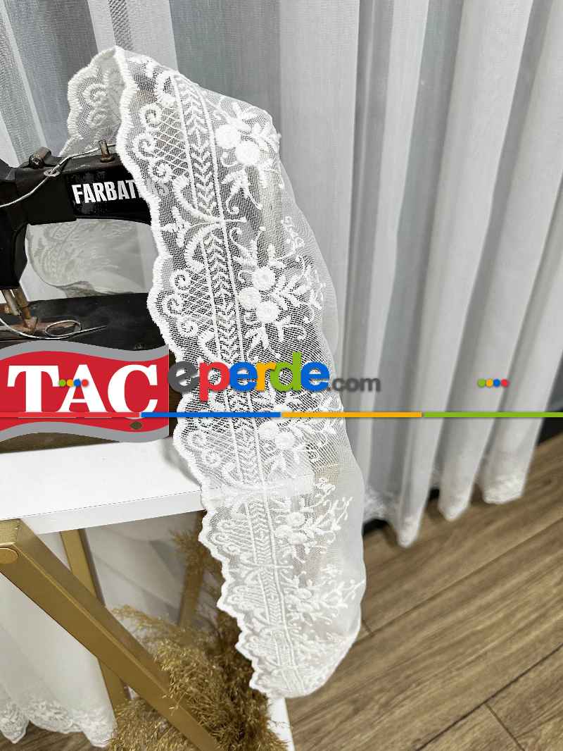 Taç Etek Topçuklu Ütü İstemez Alt İşlemeli Model Tül Perde