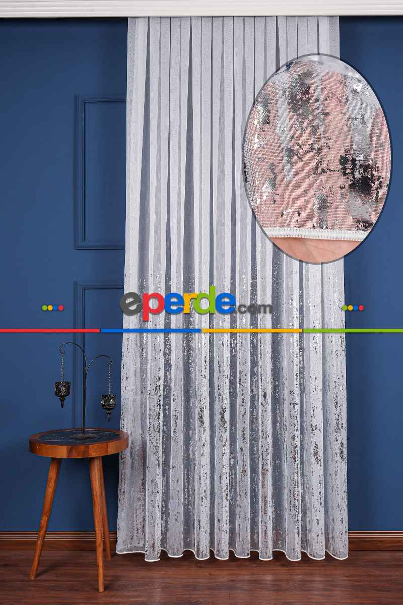 Salon Tül - Empoli Dijital Baskılı Tül Perde Ekru-gümüş