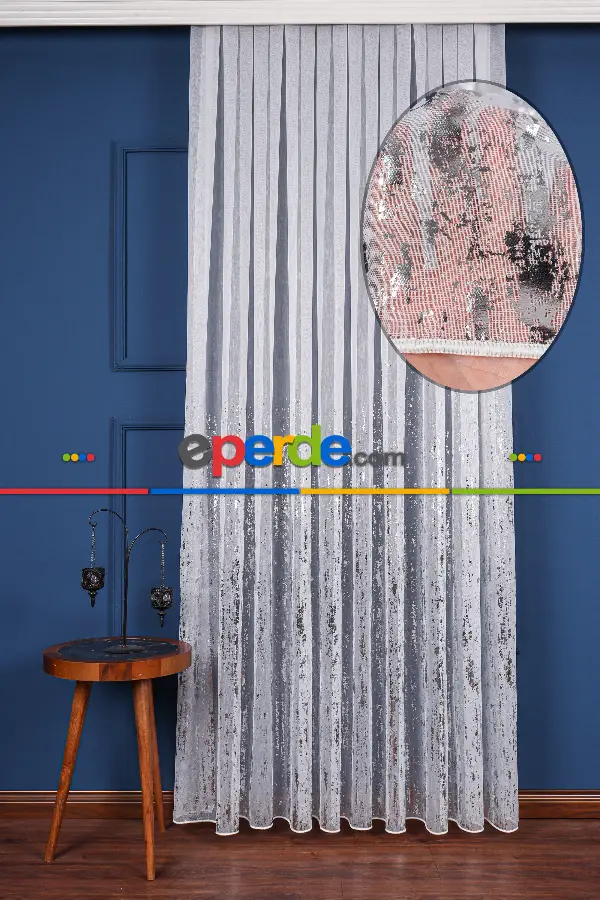 Salon Tül - Empoli Dijital Baskılı Tül Perde Ekru-gümüş