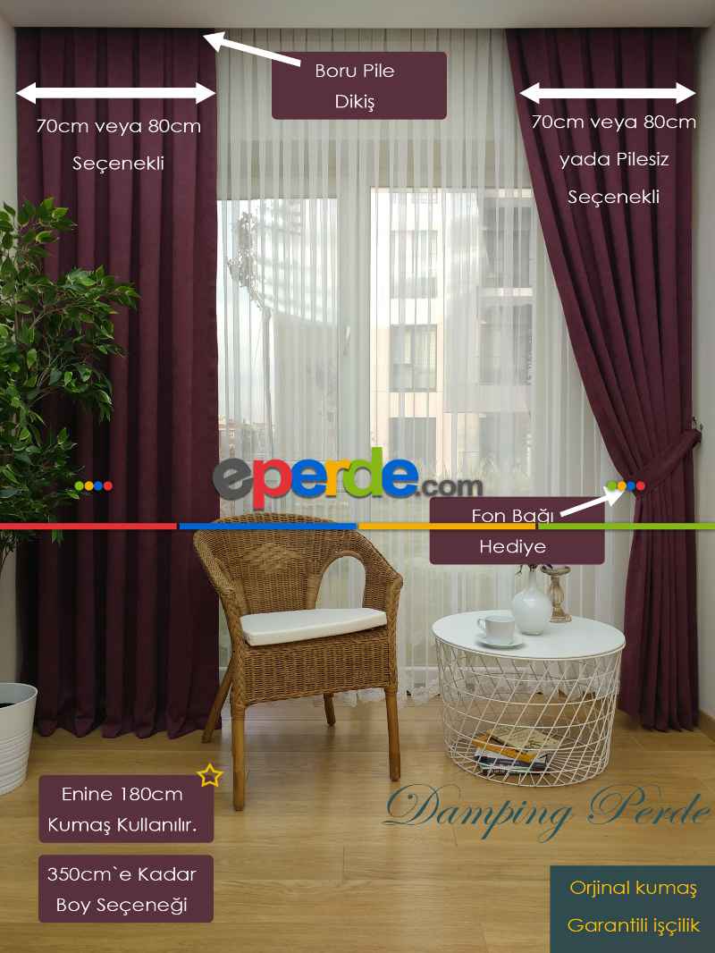 Mürdüm Düz Sade Mutfak Fon Perde Yan Kanat Perdesi- Mürdüm