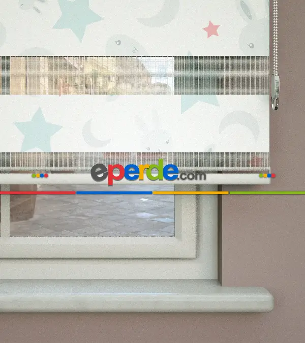 Yıldız Desenli Baskılı Zebra Perde- Çok Renkli