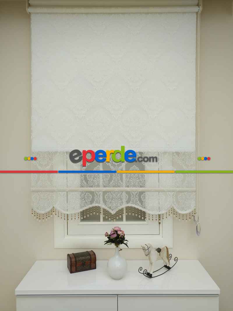 Brillant Çiftli Sistem Tül Ve Stor Perde - Büyük Damask Ekru Renk - Mekanik Perde