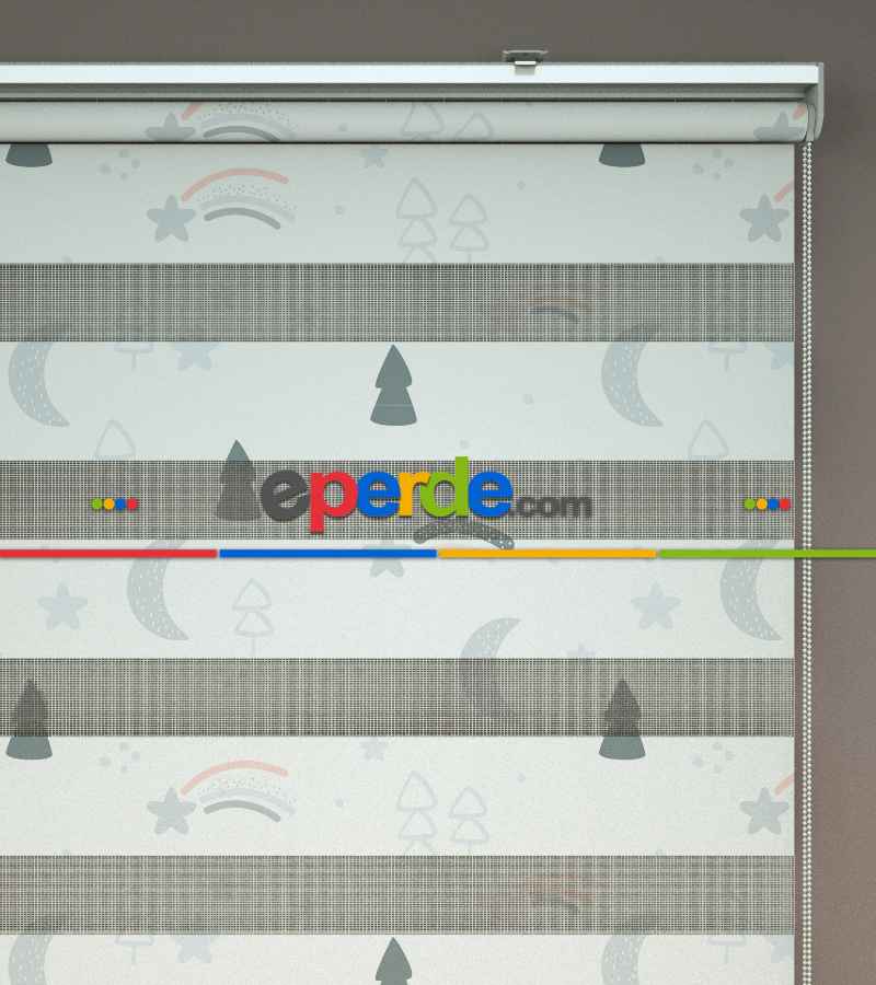 Gri Çam, Ay Ve Yıldız Desenli Baskılı Zebra Perde