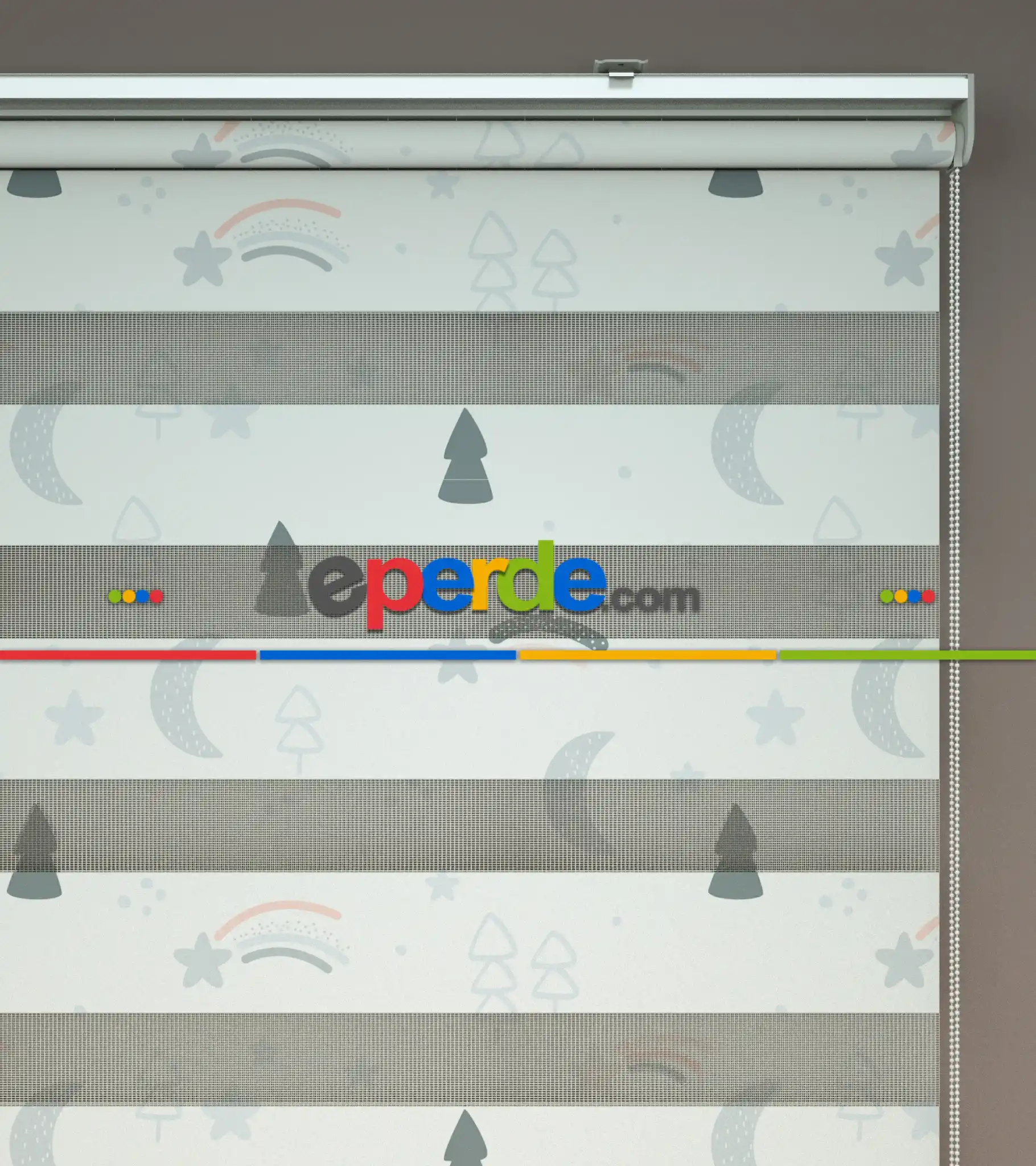 Gri Çam, Ay Ve Yıldız Desenli Baskılı Zebra Perde