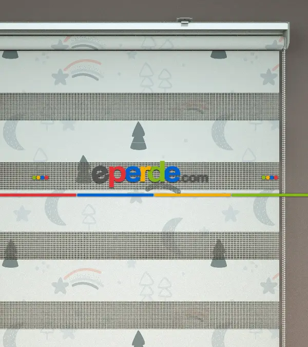 Gri Çam, Ay Ve Yıldız Desenli Baskılı Zebra Perde