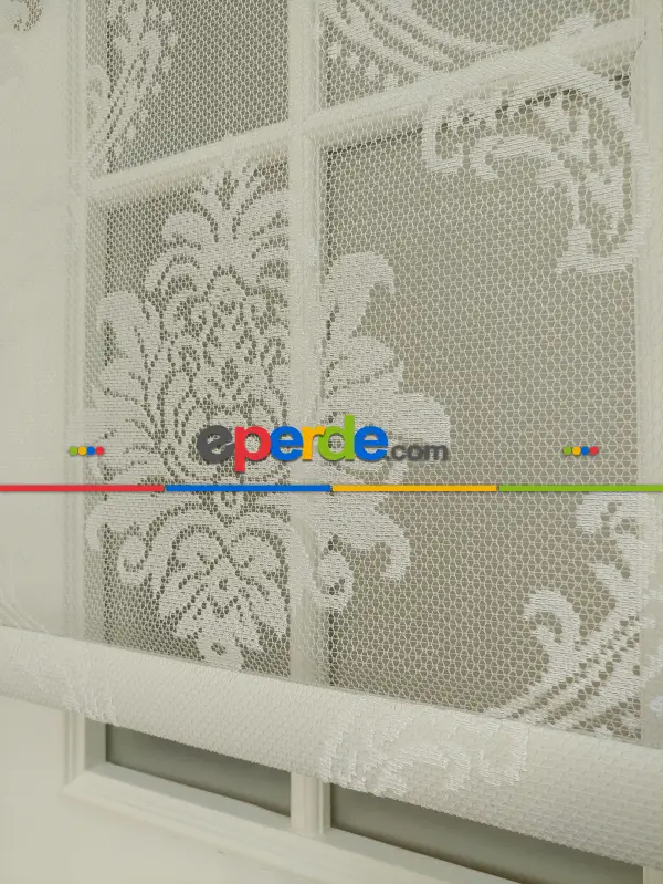 Jakar Örme Tül- Ekru Çiftli Sistem Dantel Desenli Perde- Ekru