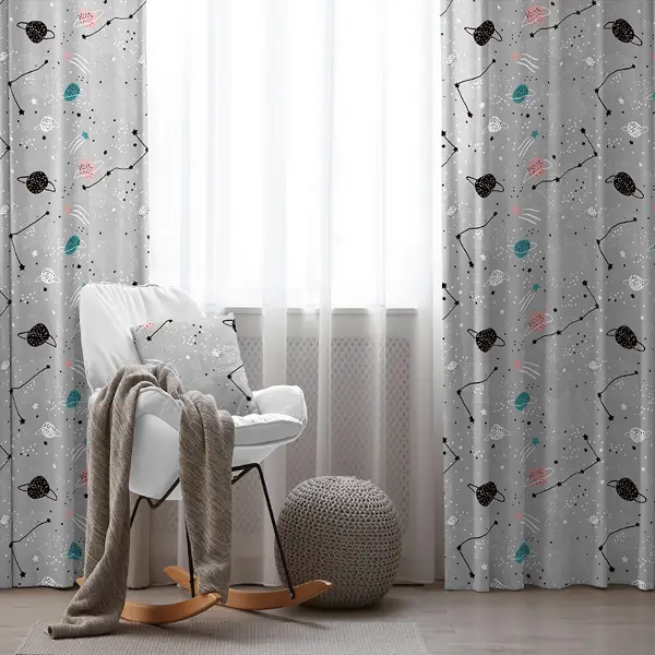 Çocuk Odası - Gezegen Desenli Fon Perde Evim497 Kumaşı Kalındır Duck Bezi Değildir- Mavi-beyaz