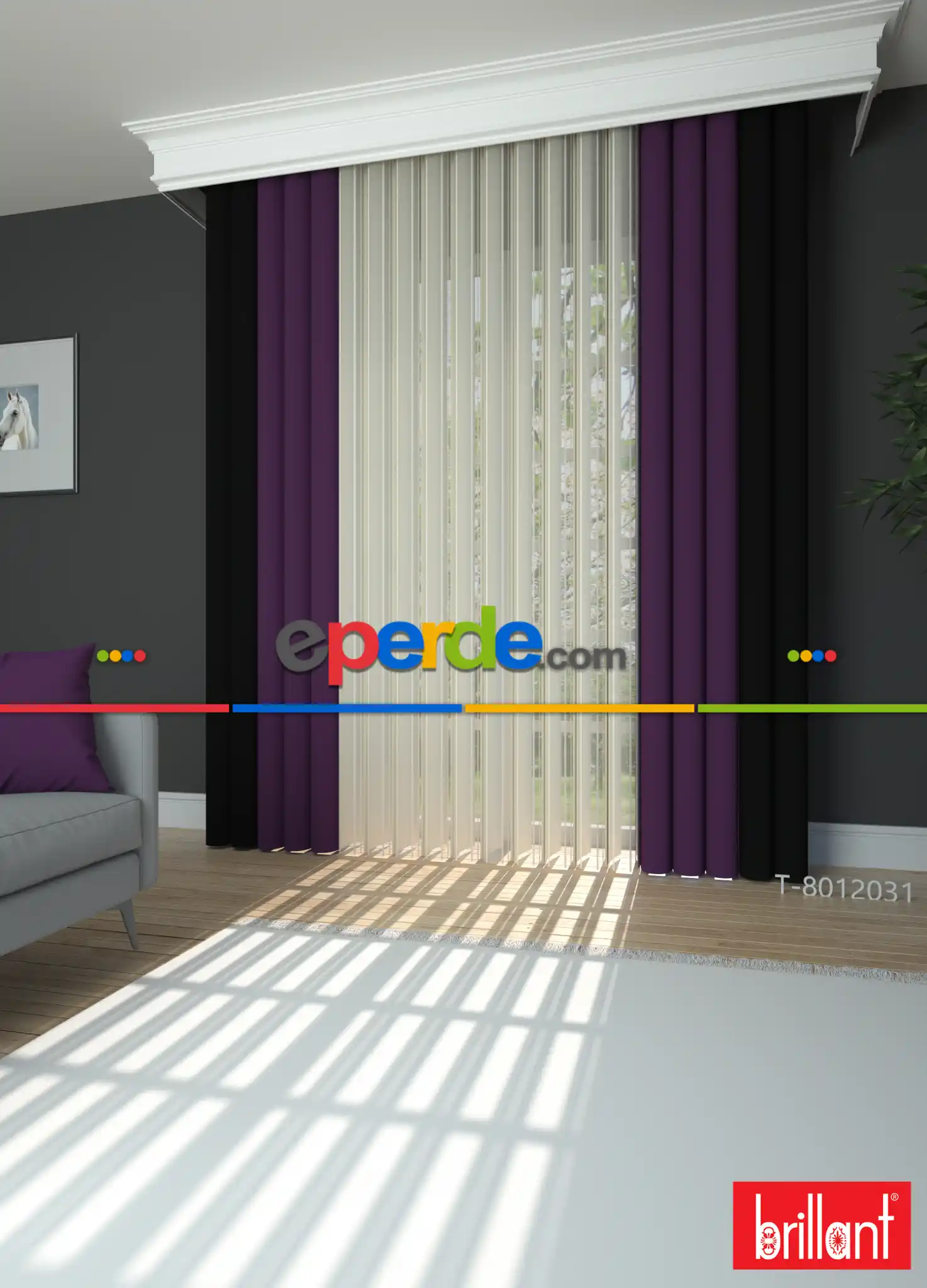 Brillant Marka - Akıllı Tül Siyah-koyu Mor Perde Tül Dikey Zebra Perde Düz 1. Kalite