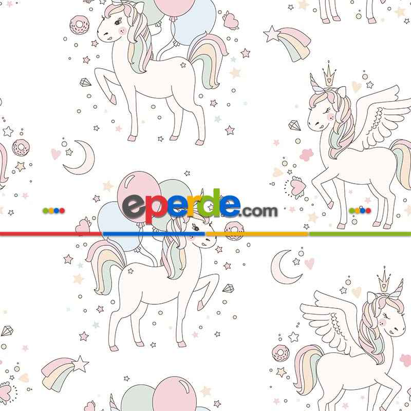Unicorn Desenli Fon Perde Evm575 Kumaşı Kalındır Duck Bezi Değildir- Mavi-Beyaz-Pembe