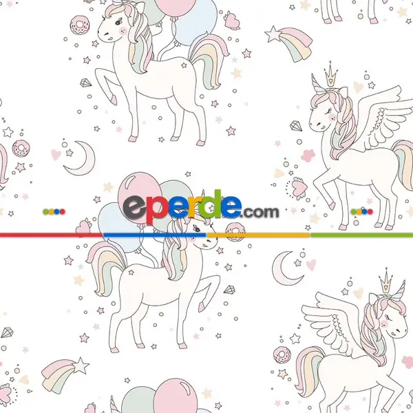 Bebek Odası Fon - Unicorn Desenli Fon Perde Evm575 Kumaşı Kalındır Duck Bezi Değildir- Mavi