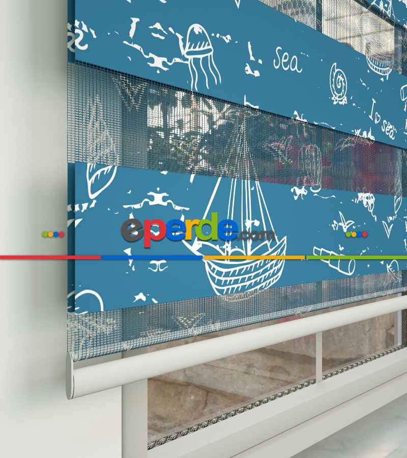 Çocuk Odası Zebra Perde - Gemi Baskılı Zebra Perde- Mavi-Beyaz