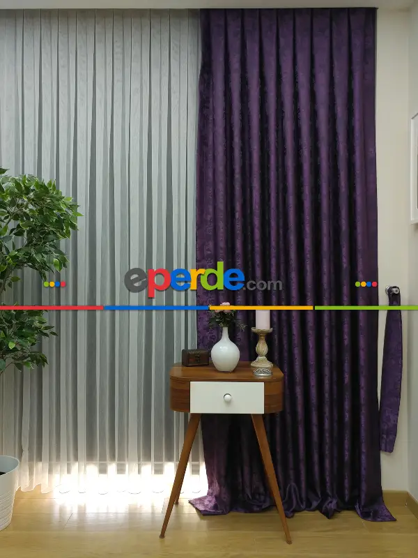 Patine Desenli Patlıcan Moru Renk Jakar Desenli Fon Perde- Mor Patlıcan Moru