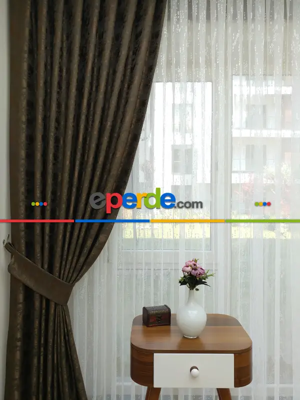 Patinedesenli Kahve - Katyonik Jakar Fon Perde- Kahve