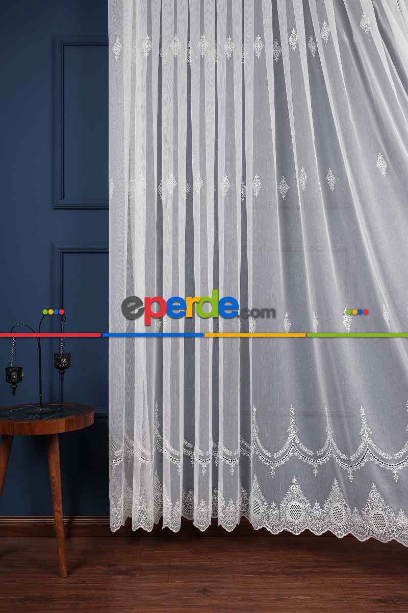Salon Tül Modelleri - Kolye Tt Zemin Brode Nakış İşlemeli Tül Perde