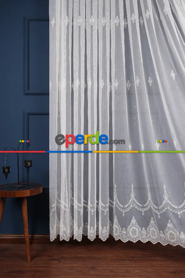 Salon Tül Modelleri - Kolye Tt Zemin Brode Nakış İşlemeli Tül Perde