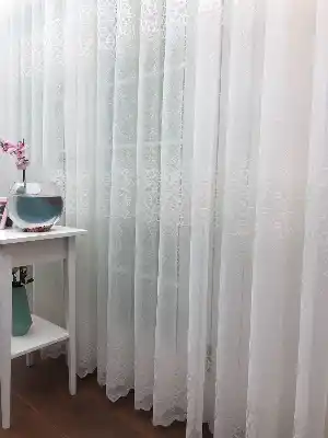 Enine Çizgili Arası Geometrik Örme Tül Perde Yüksek Kalite- Ekru