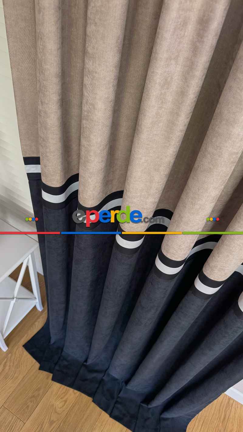 Siyah Ve Bej Rengi Kombinli Fon Perde, İki Kumaş Bordür İle Birleştirilmiştir, Özel Tasarımdır.