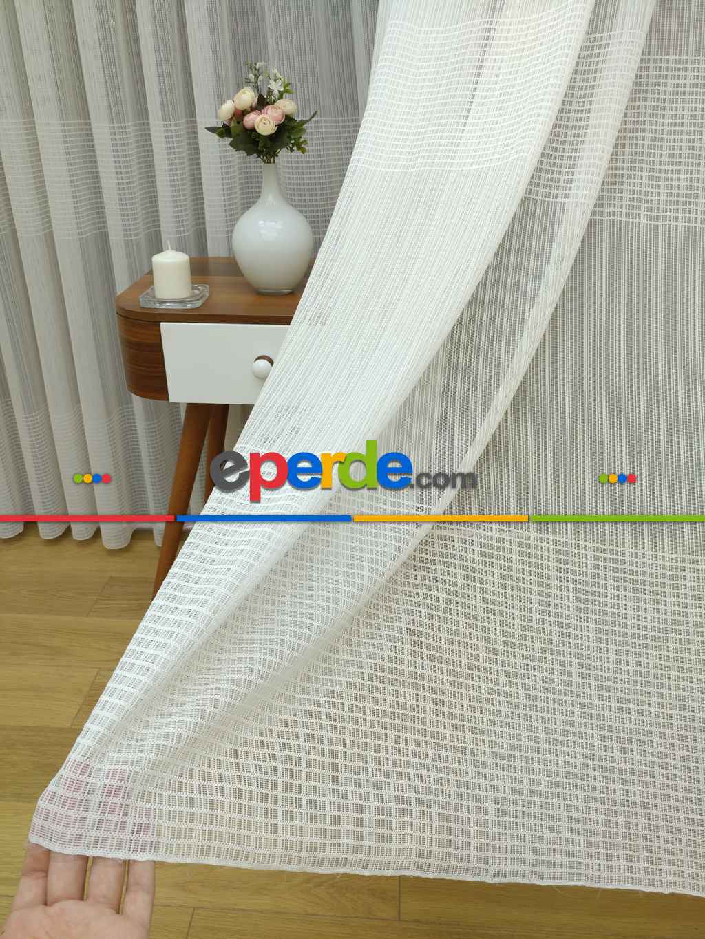 Enine Çizgili Tül Perde- Ekru - Kurşunlu Tül