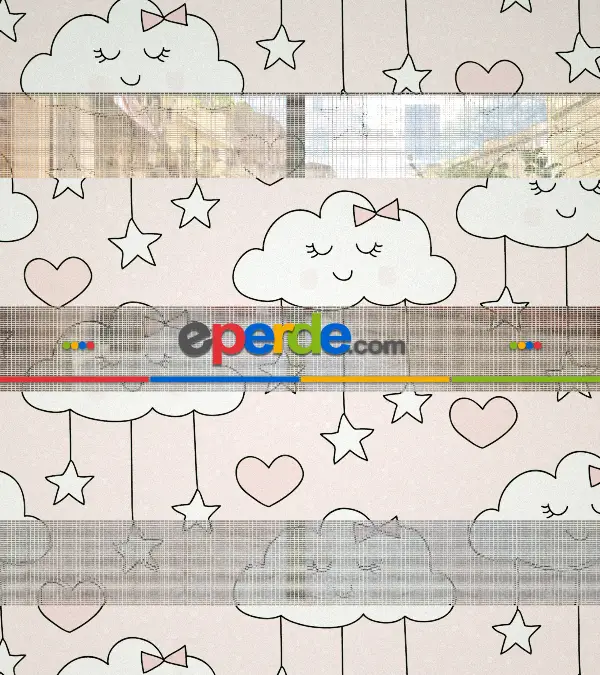 Bulut Desenli Baskılı Zebra Perde- Çok Renkli