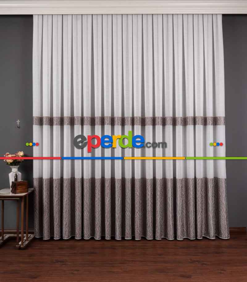 Salon Tül Modelleri - Keten Etek Dokuma Ekru-gri Tül Perde
