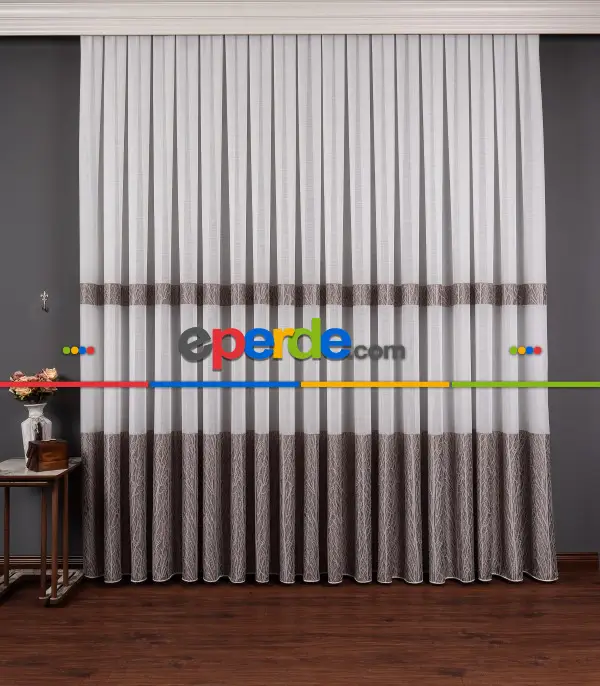 Salon Tül Modelleri - Keten Etek Dokuma Ekru-gri Tül Perde