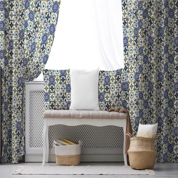 Etnik Mavi Desenli Fon Perde Evim400 Kumaşı Kalındır Duck Bezi Değildir- Mavi-beyaz