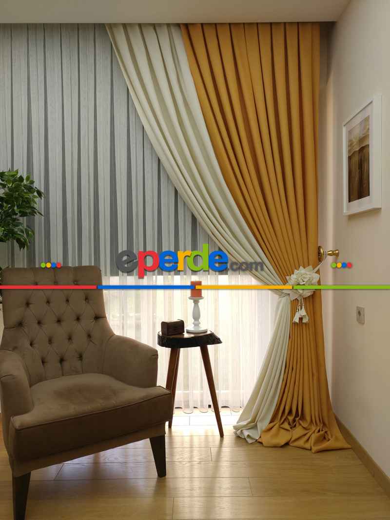 Salon Fon Perde - Hardal Sarı Krem Renk Kombinli Jakar Desenli Fon Perde- Krem